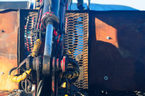 istock Hydraulic pressure system construction machinery. Industrial car. Hydraulic old tractor, 1387969295