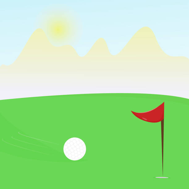 ilustrações de stock, clip art, desenhos animados e ícones de green golf course on a sunny summer day. a golf ball in flight goes into the hole - golf ball spring cloud sun