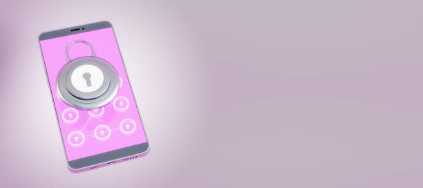 istock Close up of cellphone with creative padlock on screen. Pink background with blank mock up place. Secure device concept. 3D Rendering. 1387970512