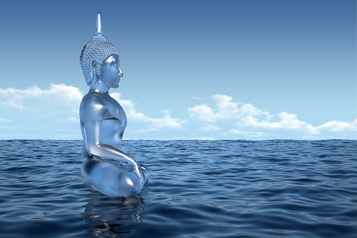 ice buddha statue in the ocean. 3d rendering