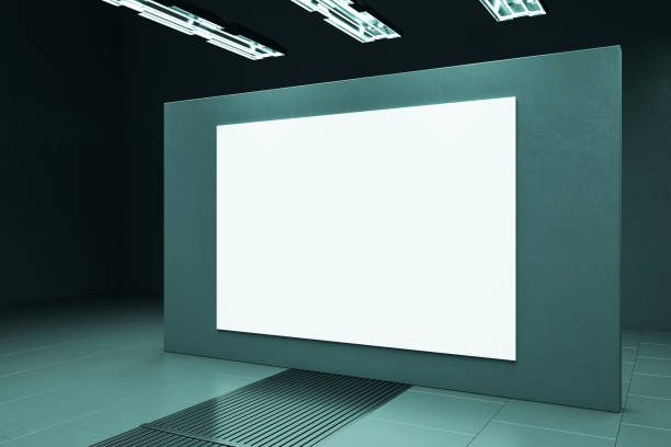 istock Modern concrete grunge exhibition hall interior with lamps and empty white mock up frame on wall. Museum and gallery concept. 3D Rendering. 1387970546