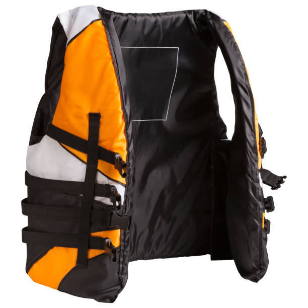 istock life jacket, black, white and orange color, the vest is unbuttoned, on a white background 1387972152