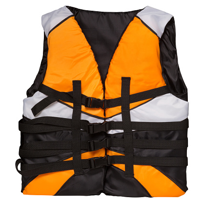 black life jacket with white and orange inserts, the vest is buttoned up, front position, on a white background, isolate