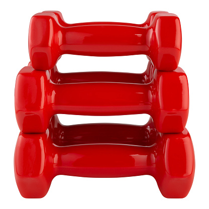 a stack of three pairs of red dumbbells of different weights, on a white background, isolate