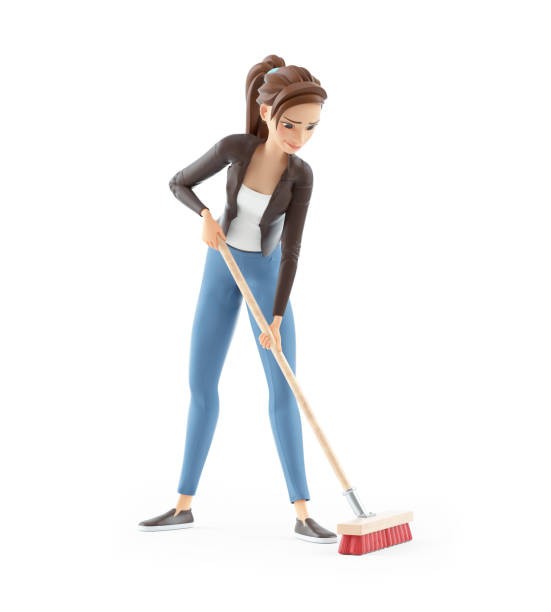3d cartoon woman pushing a broom 3d cartoon woman pushing a broom, illustration isolated on white background carpet sweeper stock pictures, royalty-free photos & images