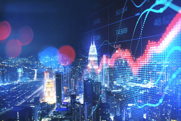 istock Abstract red forex chart on blurry night city background. Crisis and collapse concept. Double exposure. 1387973545