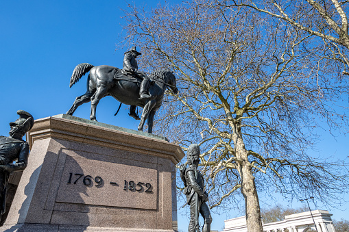 Equestrian Statue of The Duke of Wellington at Hyde Park Corner in City of Westminster, London. It was completed by Joseph Edgar Boehm in 1888.