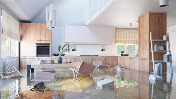 kitchen flooding interior. kitchen flooding interior. 3d rendering concept damaged stock pictures, royalty-free photos & images