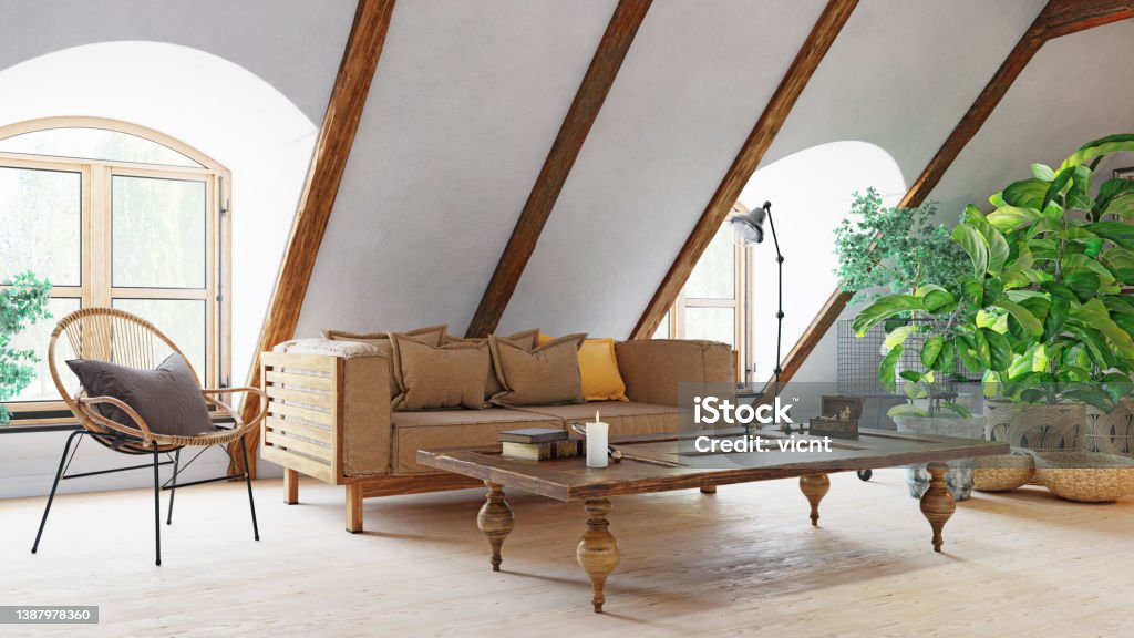 modern living interior. modern living interior. 3d rendering concept design Attic Stock Photo