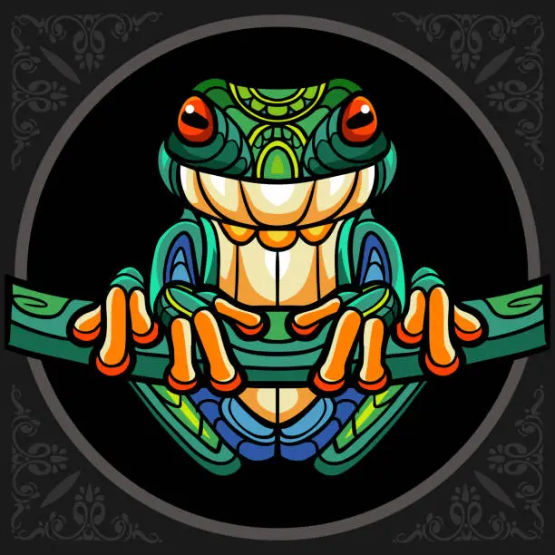 Vector illustration of Colorful green frog   arts, isolated on black background