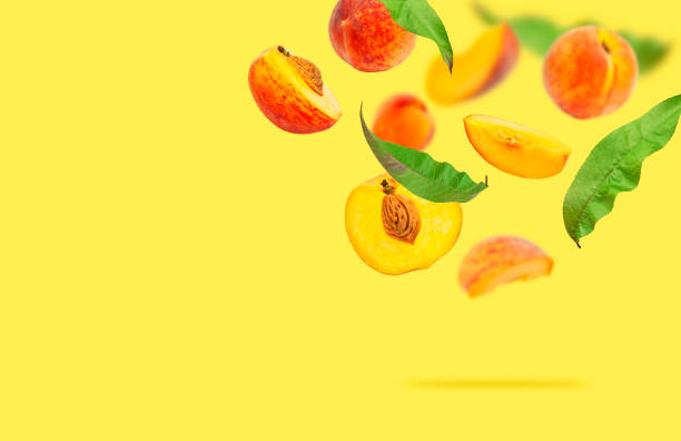 Flying fresh ripe juicy peaches with green leaves on yellow. Whole and halved peaches with pits, slice. Summer fruit background, organic vegan healthy food. Harvest concept. Creative composition