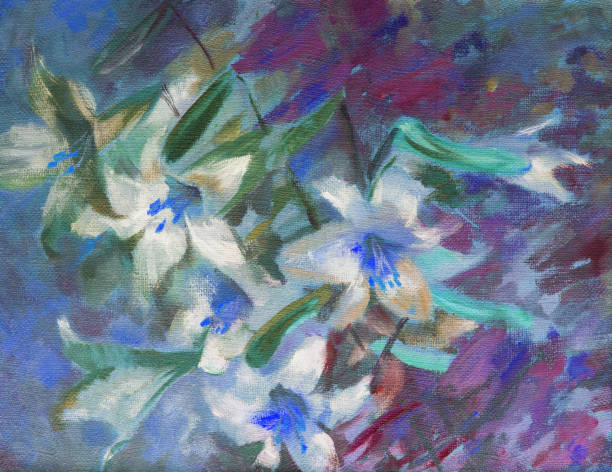 istock Illustration oil painting lilies landscape flowers impressionism horizontal landscape blooming white garden lilies in a flowerbed 1387979336