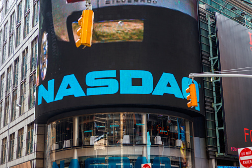 New York City, NY, USA - September 4, 2011: Close up view of LCD billboard of the NASDAQ MarketSite, one of the largest electronic screen at 4 Times Square, New York