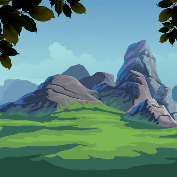 piękny krajobraz / przyroda / wzgórza / skały - fantasy sunbeam backgrounds summer stock illustrations