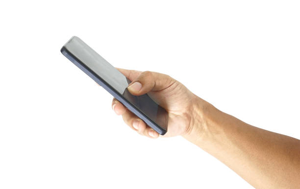 hand holding black smartphone isolated stock photo