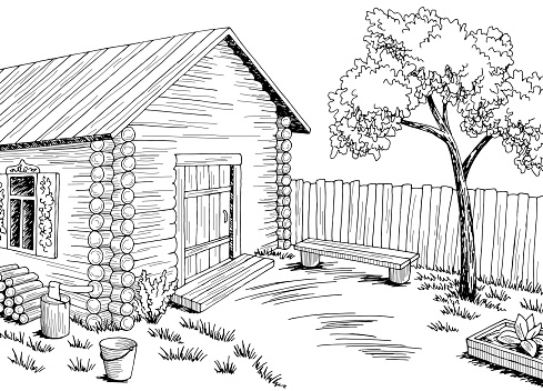 Village yard graphic black white rural landscape sketch illustration vector