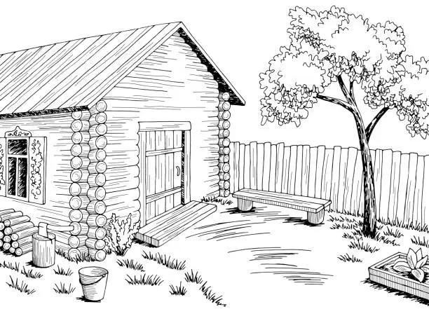 Vector illustration of Village yard graphic black white rural landscape sketch illustration vector