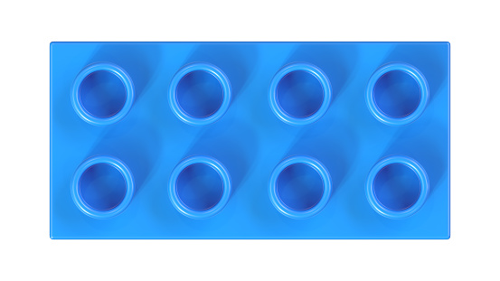 8K Ultra HD Top View of a Blue Plastic Toy Brick Isolated on a White Background. Children Building Block. High Quality 3D Rendering with a Work Path, 7680x4320