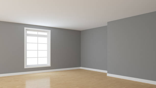 istock Empty Room Corner with Light Grey Walls, Ceiling, White Window, Glossy Parquet 1387983741