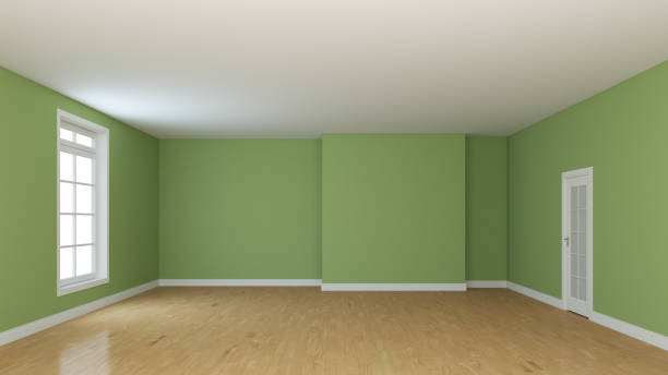 istock Empty Room Interior Concept with Green Walls, White Window and a White Door 1387983744