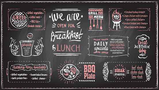 Barbecue menu chalkboard template, vector menu board with BBQ symbols and lettering, blackboard chalk grill menu display set
