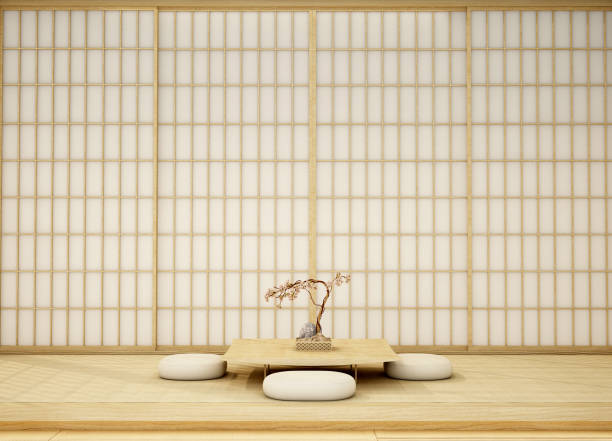 istock interior design,modern living room with table,wood floor,was designed specifically in Japanese style, 3d illustration, 3d rendering 1387985208