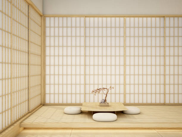 istock interior design,modern living room with table,wood floor,was designed specifically in Japanese style, 3d illustration, 3d rendering 1387985459