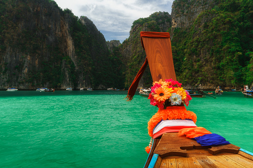 View of the famous Pileh Lagoon from long tail tour boat. Pileh Lagoon is the small and beautiful Bay is located within the Island Koh Phi Phi Don, Krabi, Thailand