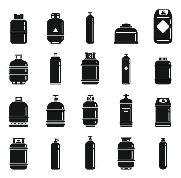 Gas cylinders bottle icons set, simple style Gas cylinders bottle icons set. Simple set of gas cylinders bottle vector icons for web design on white background gas cylinder stock illustrations