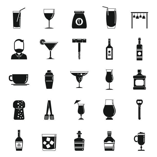 illustrazioni stock, clip art, cartoni animati e icone di tendenza di set di icone degli strumenti del barista, stile semplice - shakerismo