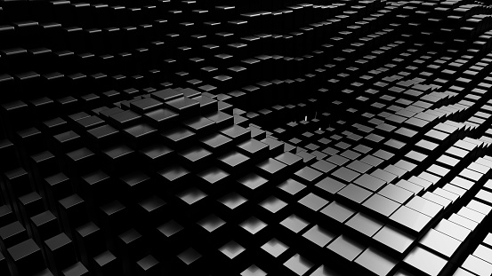 3d rendering abstract background of randomly positioned black cubes. Top view