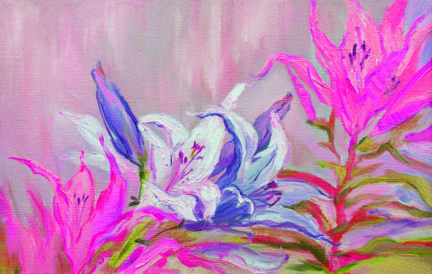 istock illustration  art work oil painting landscape blooming white lilies 1387989208