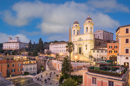 Rome, Italy at the Spanish steps from above at dusk.