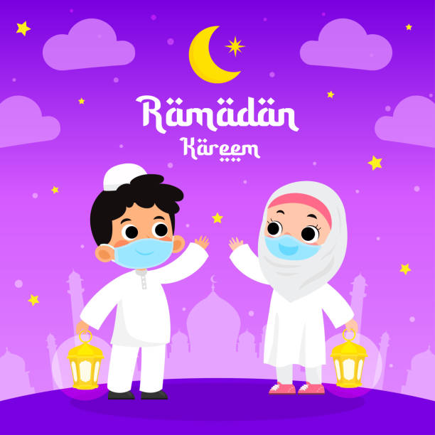 Ramadan Kareem Greeting Card Vector Design Muslim Kid Cartoon Wearing Face  Mask Stock Illustration - Download Image Now - iStock