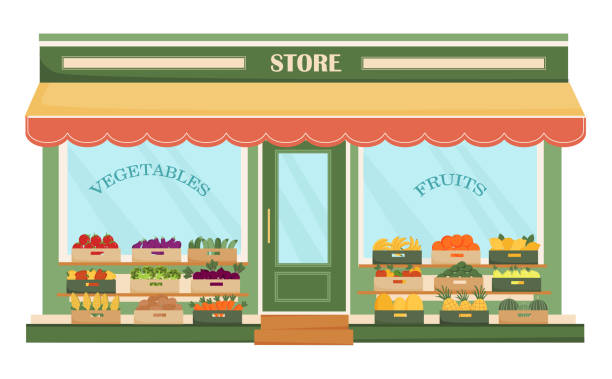 fasada sklepu z owocami i warzywami. świeże ekologiczne produkty spożywcze. owoce i warzywa w pudełkach. produkty rolne. ogórek, pomidor, ziemniak, marchew, kukurydza, banan, jabłko, gruszka, melon. ilustracja wektorowa. - warzywniak stock illustrations