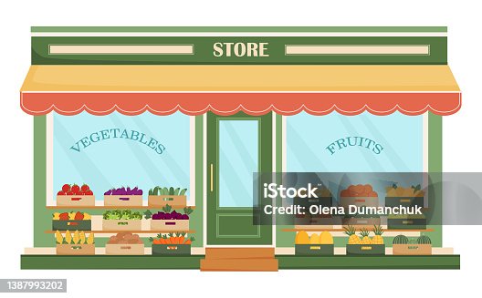 istock Fruit and vegetable store facade. Fresh organic food products. Fruit and vegetable in boxes. Farm products. Cucumber, tomato, potato, carrot, corn, banana, apple, pear, melon. Vector illustration. 1387993202
