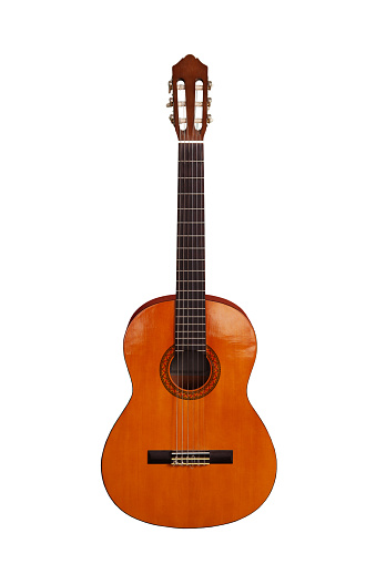 six-string acoustic guitar in a wooden case, isolated on a white background
