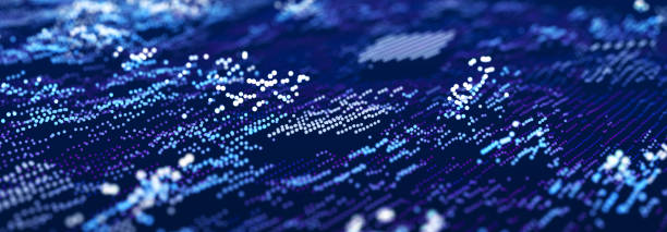 istock Particle stream. Blue wave background with many glowing particles. Information technology background. 3d rendering. 1387997328