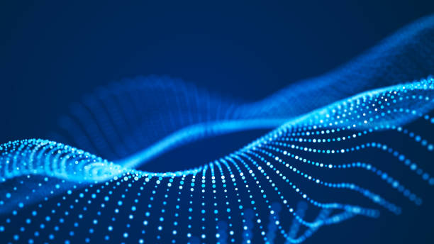 istock Particle stream. Blue wave background with many glowing particles. Information technology background. 3d rendering. 1387998520