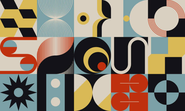 Bauhaus Inspired Graphic Pattern Artwork Made With Abstract Vector Geometric Shapes Bauhaus inspired abstract artwork made with vector design elements and bold geometric shapes for poster, cover, art, presentation, prints, fabric, wallpaper and etc. futurism stock illustrations