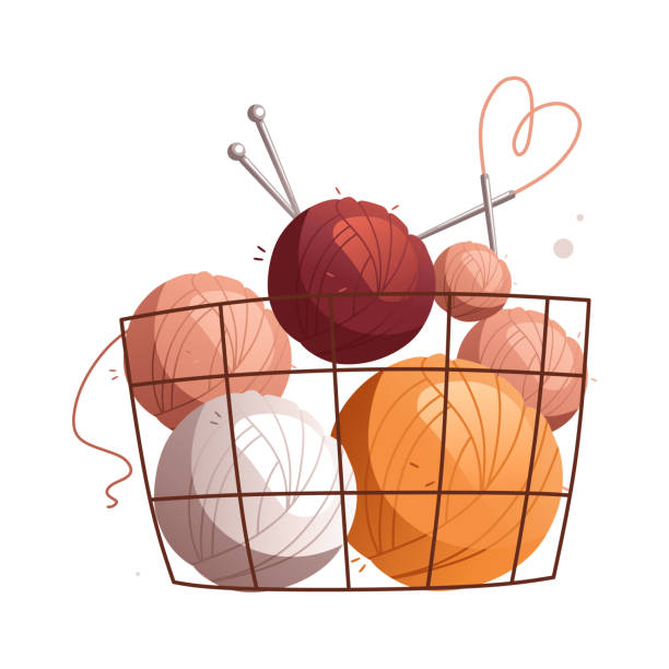 stockillustraties, clipart, cartoons en iconen met basket with multicolored wool balls. detailed vector illustration. - bolletje wol