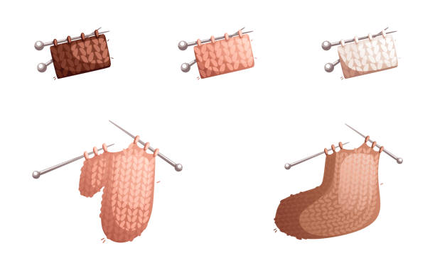 ilustraciones, imágenes clip art, dibujos animados e iconos de stock de un juego de calcetines de lana, mitones en el proceso de tejido. ilustración vectorial detallada. - autumn glove clothing sewing