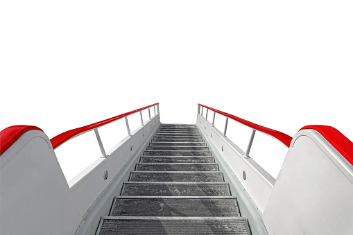 Long stairs steps of perspective down. White gangway with red handrails isolated on white background