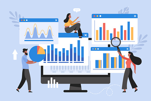 Data analytics research for business concept. Modern vector illustration of business team monitoring dashboard  report