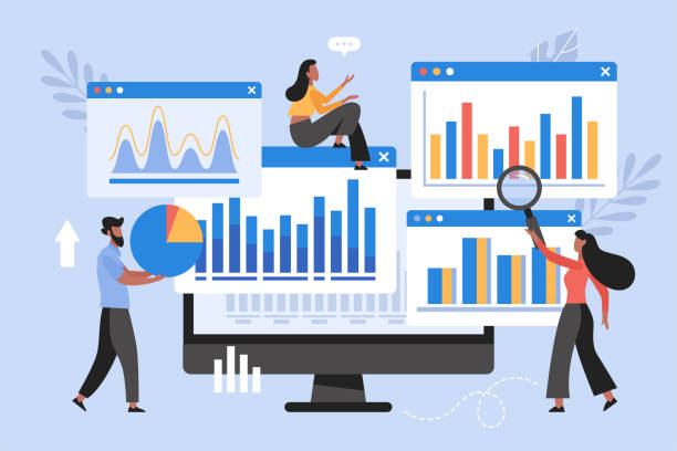 Data analytics research for business concept. Modern vector illustration of business team monitoring dashboard  report Data analytics research for business concept. Modern vector illustration of business team monitoring dashboard  report financial report stock illustrations