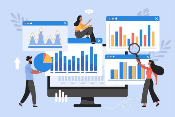 Vector illustration of Data analytics research for business concept. Modern vector illustration of business team monitoring dashboard  report