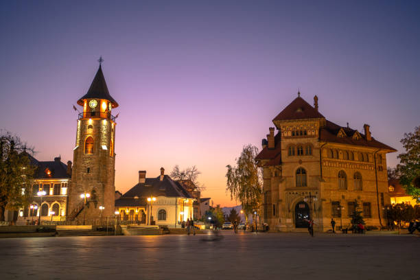 Piatra Neamț - The tower of Stefan si Cucuteni Museum, at dusk