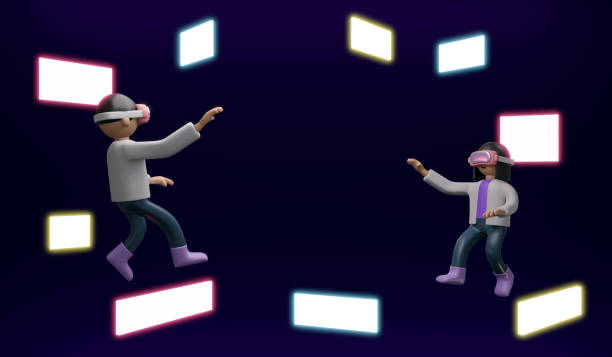 istock 3D Rendering of girl boy with visual reality glasses sharing information platform concept of VR Metaverse technology. 3D Render illustration cartoon style. 1388005658