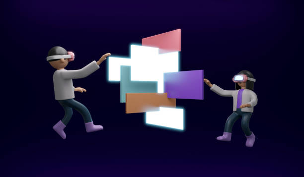 istock 3D Rendering of girl boy with visual reality glasses sharing information platform concept of VR Metaverse technology. 3D Render illustration cartoon style. 1388005675
