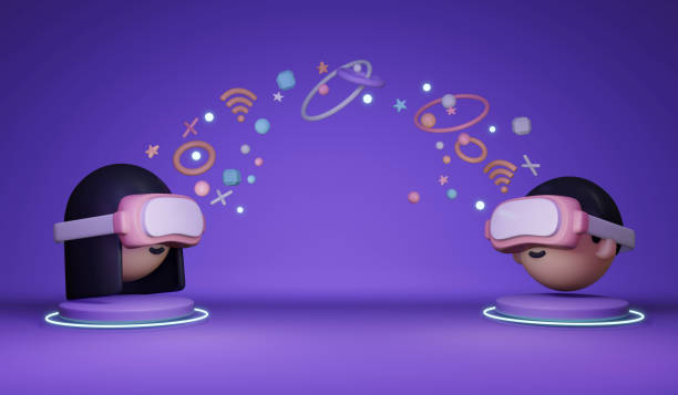 istock 3D Rendering of girl boy with visual reality glasses sharing information platform concept of VR Metaverse technology. 3D Render illustration cartoon style. 1388006344